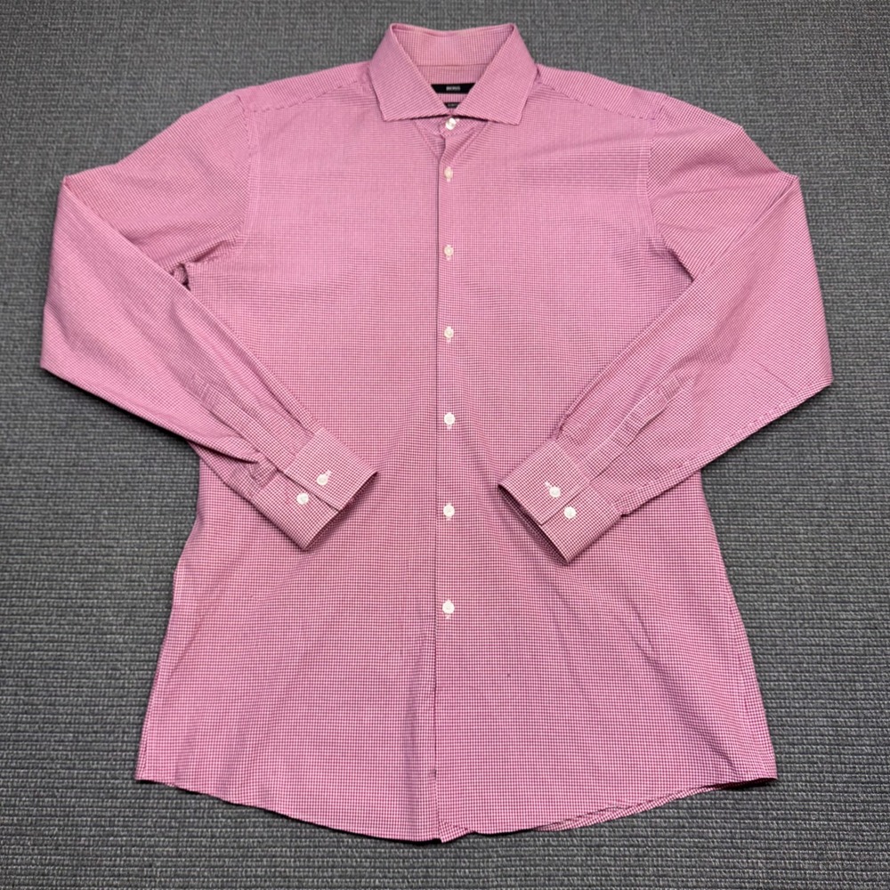 Hugo Boss Mens Slim Fit Micro Gingham Dress Shirt Pink White Long Sleeve 9198